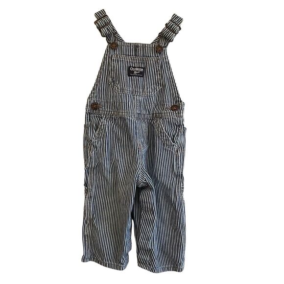 OshKosh B’Gosh Baby Vestbak Striped Engineer Overalls Size 12m Train Conductor - Picture 1 of 9